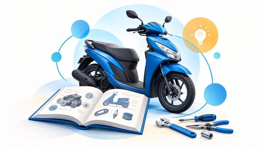 Ilustrasi skuter biru, buku referensi, dan peralatan perawatan motor.