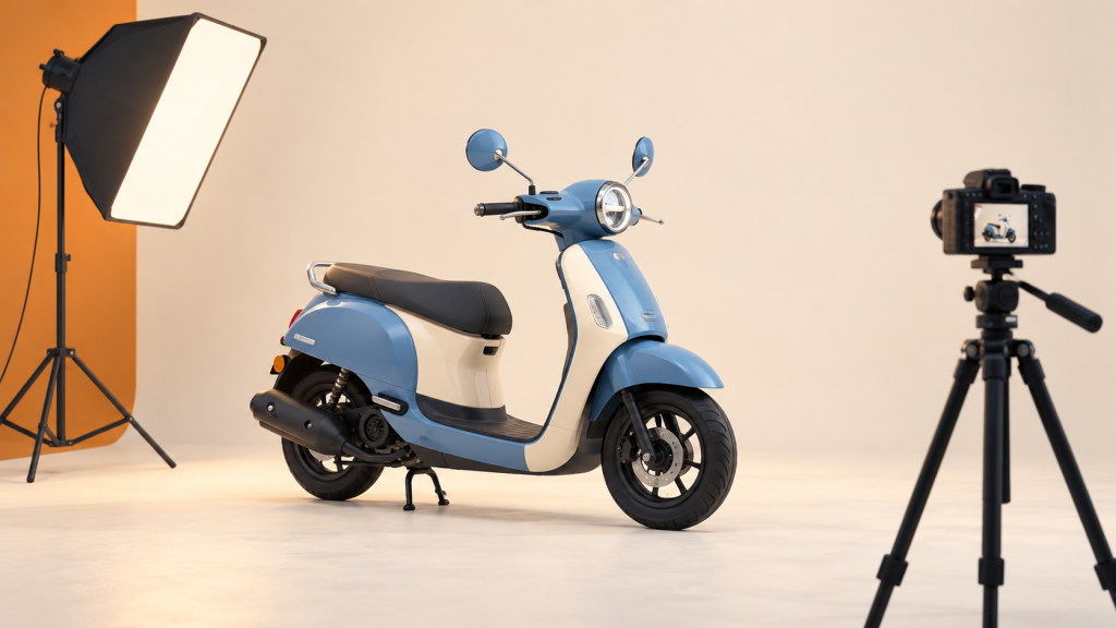Ilustrasi skuter diam di depan latar polos dengan kamera pada tripod dan lampu studio.