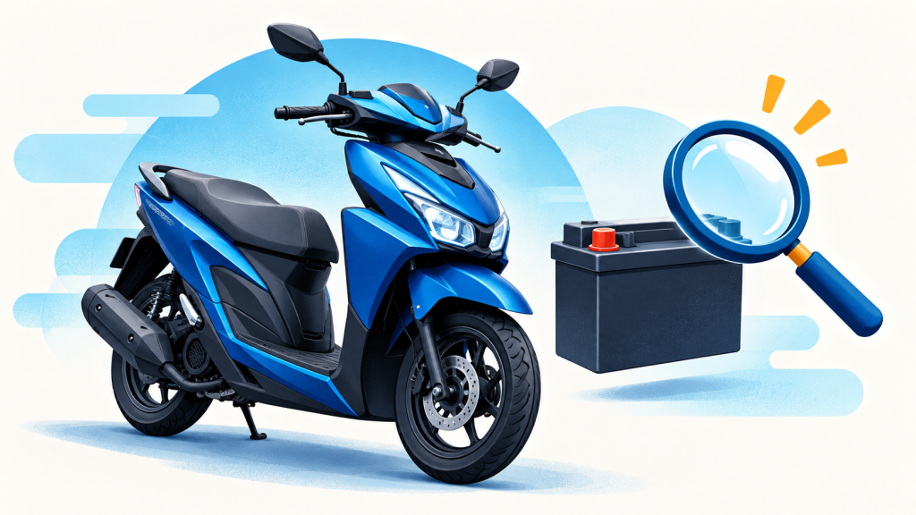 Ilustrasi skuter biru, aki, dan kaca pembesar untuk topik pemeriksaan starter.