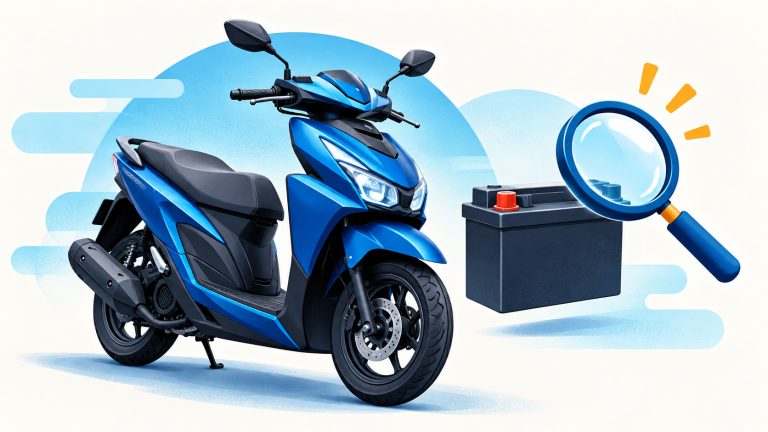 Ilustrasi skuter biru, aki, dan kaca pembesar untuk topik starter.