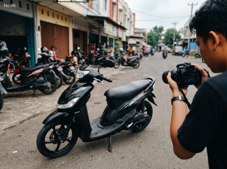 Seseorang memegang kamera di dekat skuter hitam yang sedang diparkir.
