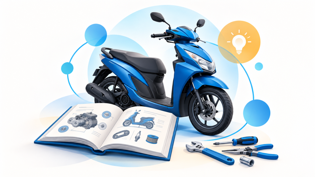 Ilustrasi skuter biru, buku referensi, dan peralatan perawatan motor.