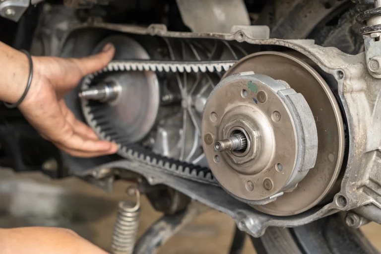 Rangkaian pulley, V-belt, dan kopling pada CVT yang terbuka.